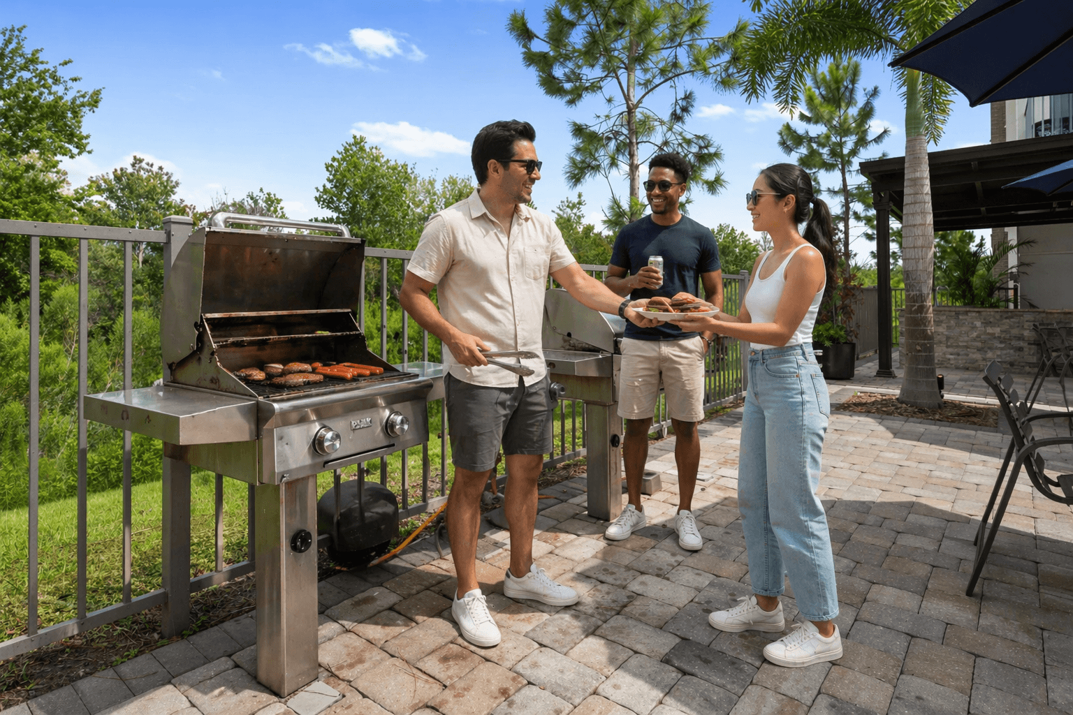 A man and woman are standing on a patio with a grill, the man is holding a pair of tongs.
